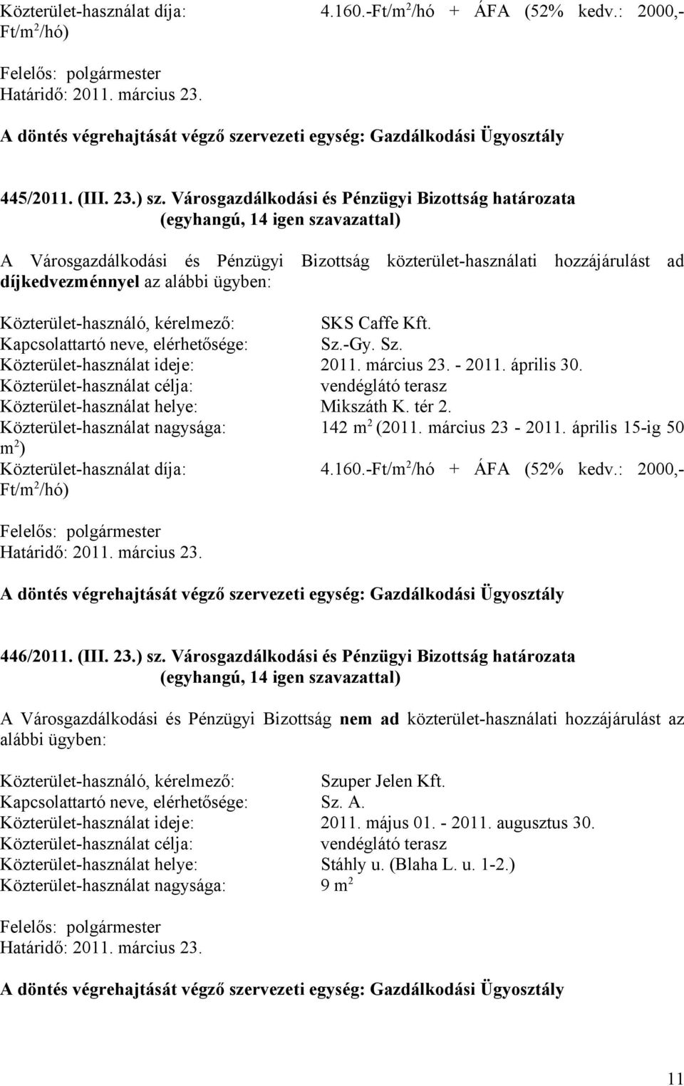 -Gy. Sz. Közterület-használat ideje: 2011. március 23. - 2011. április 30. Közterület-használat helye: Mikszáth K. tér 2. Közterület-használat nagysága: 142 m 2 (2011. március 23-2011.