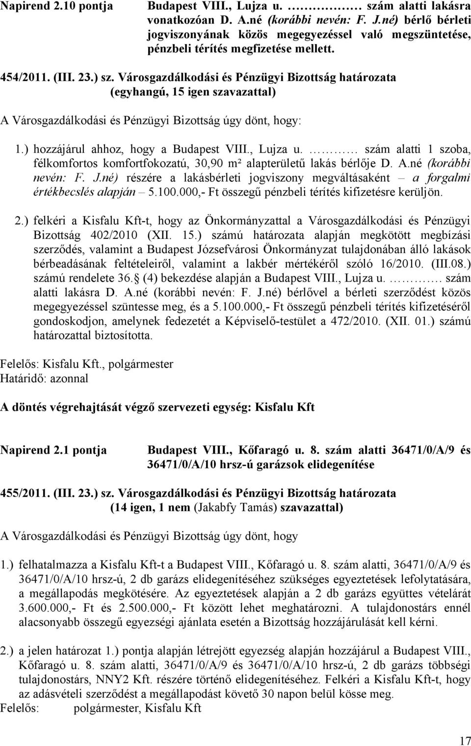 Városgazdálkodási és Pénzügyi Bizottság határozata A Városgazdálkodási és Pénzügyi Bizottság úgy dönt, hogy: 1.) hozzájárul ahhoz, hogy a Budapest VIII., Lujza u.