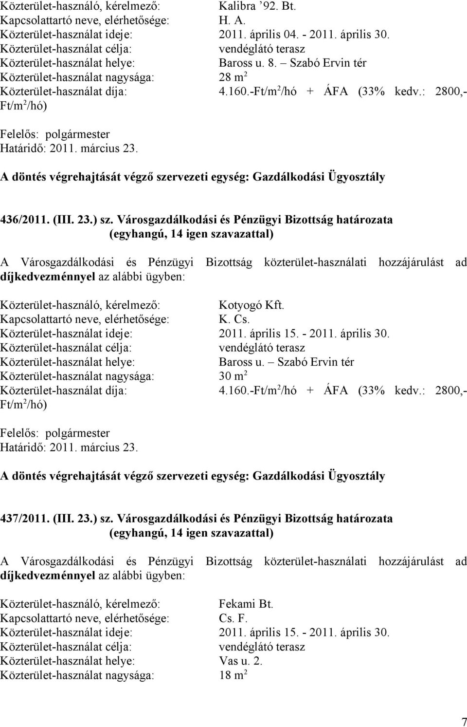 Városgazdálkodási és Pénzügyi Bizottság határozata díjkedvezménnyel az alábbi ügyben: Közterület-használó, kérelmező: Kotyogó Kft. Kapcsolattartó neve, elérhetősége: K. Cs.