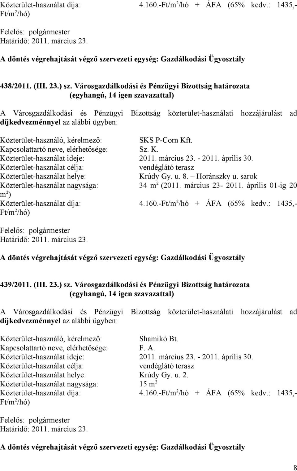 március 23. - 2011. április 30. Közterület-használat helye: Krúdy Gy. u. 8. Horánszky u. sarok Közterület-használat nagysága: 34 m 2 (2011. március 23-2011.