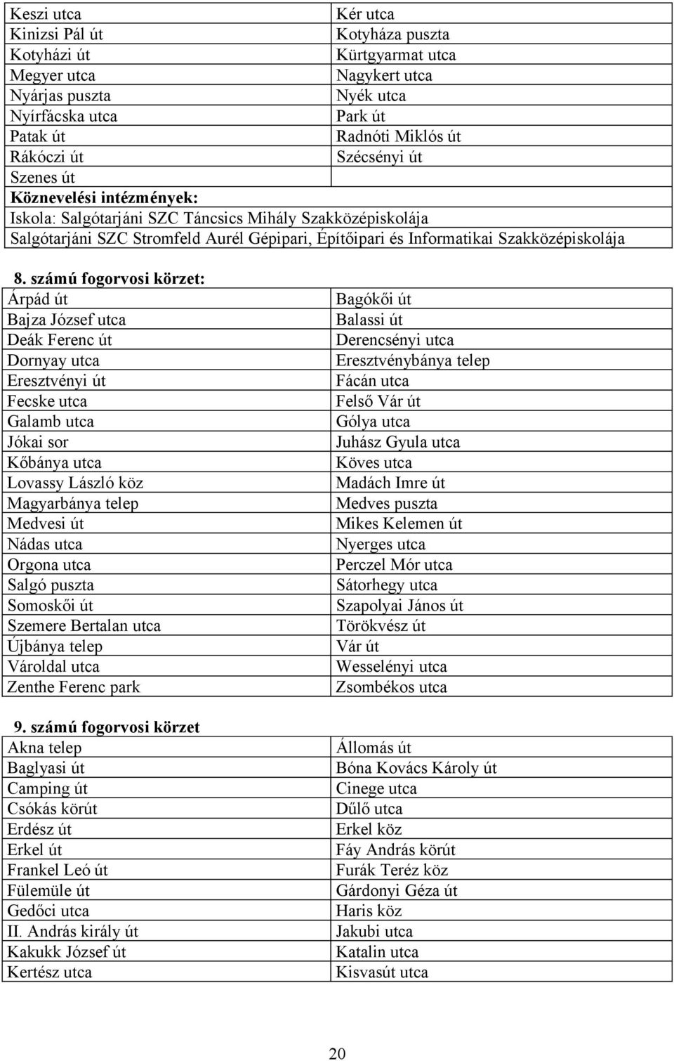 számú fogorvosi körzet: Árpád út Bajza József utca Deák Ferenc út Dornyay utca Eresztvényi út Fecske utca Galamb utca Jókai sor Kőbánya utca Lovassy László köz Magyarbánya telep Medvesi út Nádas utca