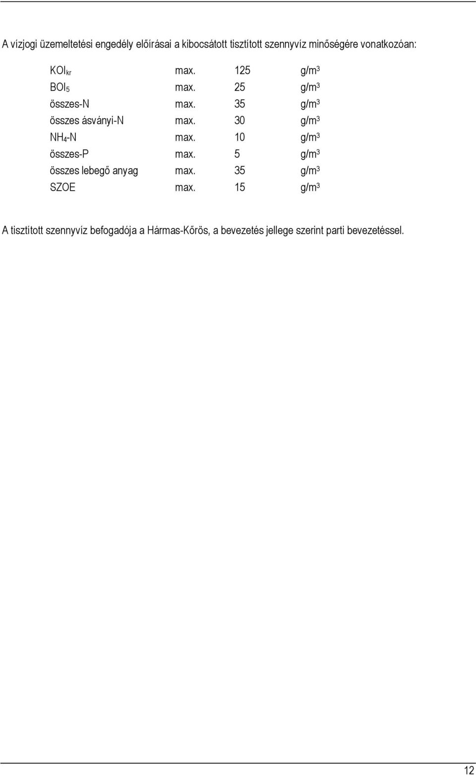 30 g/m 3 NH 4-N max. 10 g/m 3 összes-p max. 5 g/m 3 összes lebegő anyag max. 35 g/m 3 SZOE max.