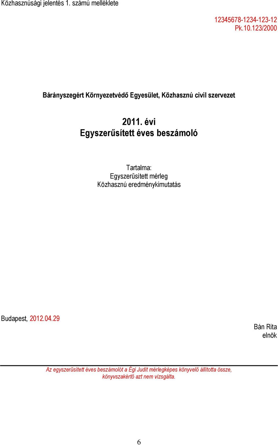 évi Egyszerűsített éves beszámoló Tartalma: Egyszerűsített mérleg Közhasznú eredménykimutatás