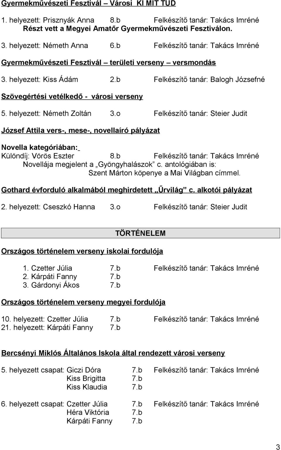 helyezett: Németh Zoltán 3.o Felkészítő tanár: Steier Judit József Attila vers-, mese-, novellaíró pályázat Novella kategóriában: Különdíj: Vörös Eszter 8.