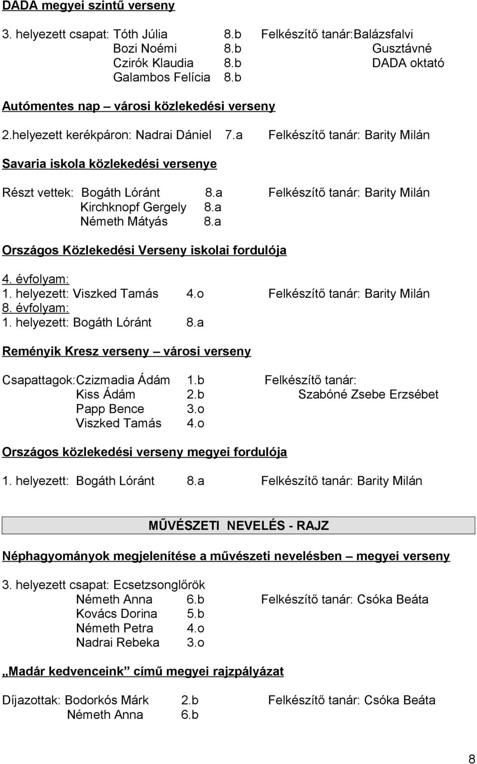 a Felkészítő tanár: Barity Milán Kirchknopf Gergely 8.a Németh Mátyás 8.a Országos Közlekedési Verseny iskolai fordulója 4. évfolyam: 1. helyezett: Viszked Tamás 4.o Felkészítő tanár: Barity Milán 8.