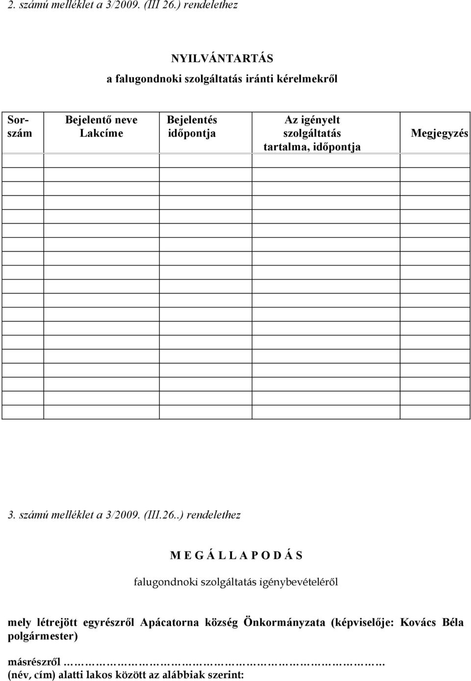 időpontja Az igényelt szolgáltatás tartalma, időpontja Megjegyzés 3. számú melléklet a 3/2009. (III.26.