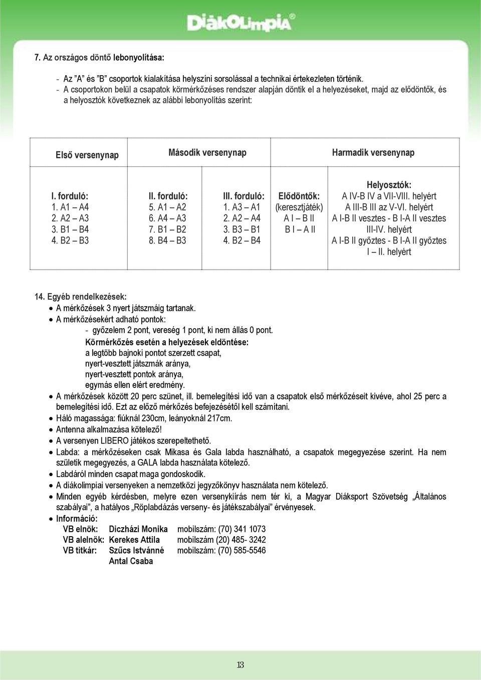 versenynap Harmadik versenynap I. forduló: 1. A1 A4 2. A2 A3 3. B1 B4 4. B2 B3 II. forduló: 5. A1 A2 6. A4 A3 7. B1 B2 8. B4 B3 III. forduló: 1. A3 A1 2. A2 A4 3. B3 B1 4.