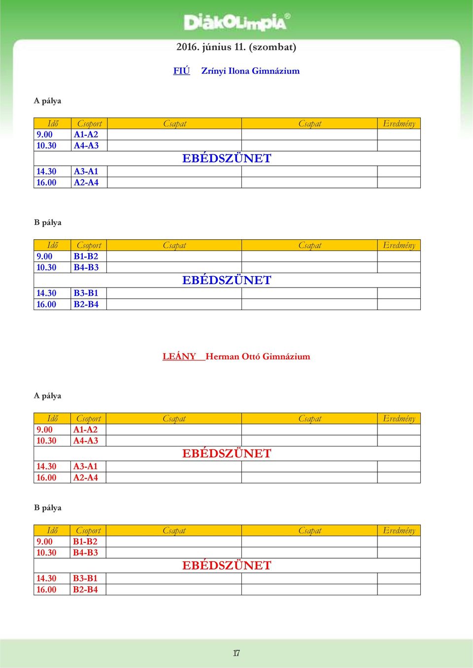 30 B4-B3 EBÉDSZÜNET 14.30 B3-B1 16.00 B2-B4 LEÁNY Herman Ottó Gimnázium A pálya 9.