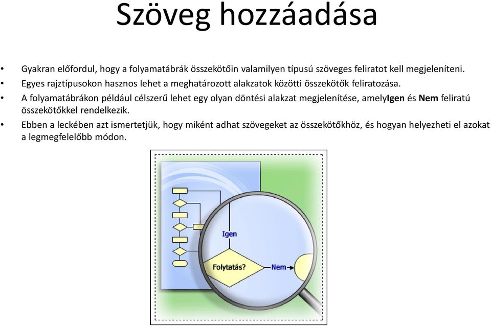 A folyamatábrákon például célszerű lehet egy olyan döntési alakzat megjelenítése, amelyigenésnemfeliratú összekötőkkel