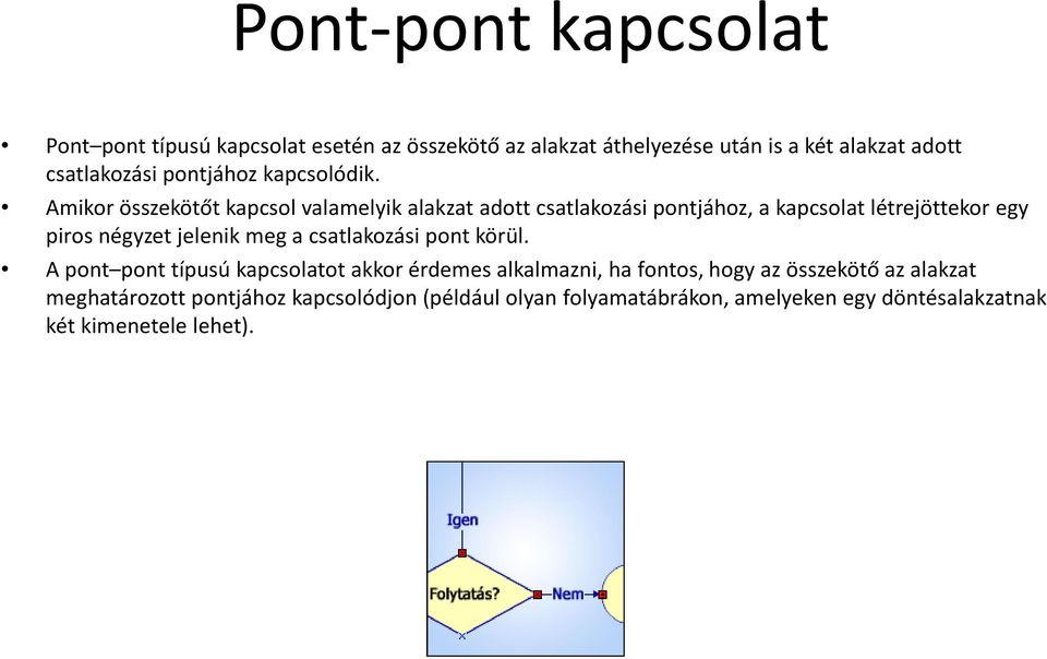 Amikor összekötőt kapcsol valamelyik alakzat adott csatlakozási pontjához, a kapcsolat létrejöttekor egy piros négyzet jelenik meg a