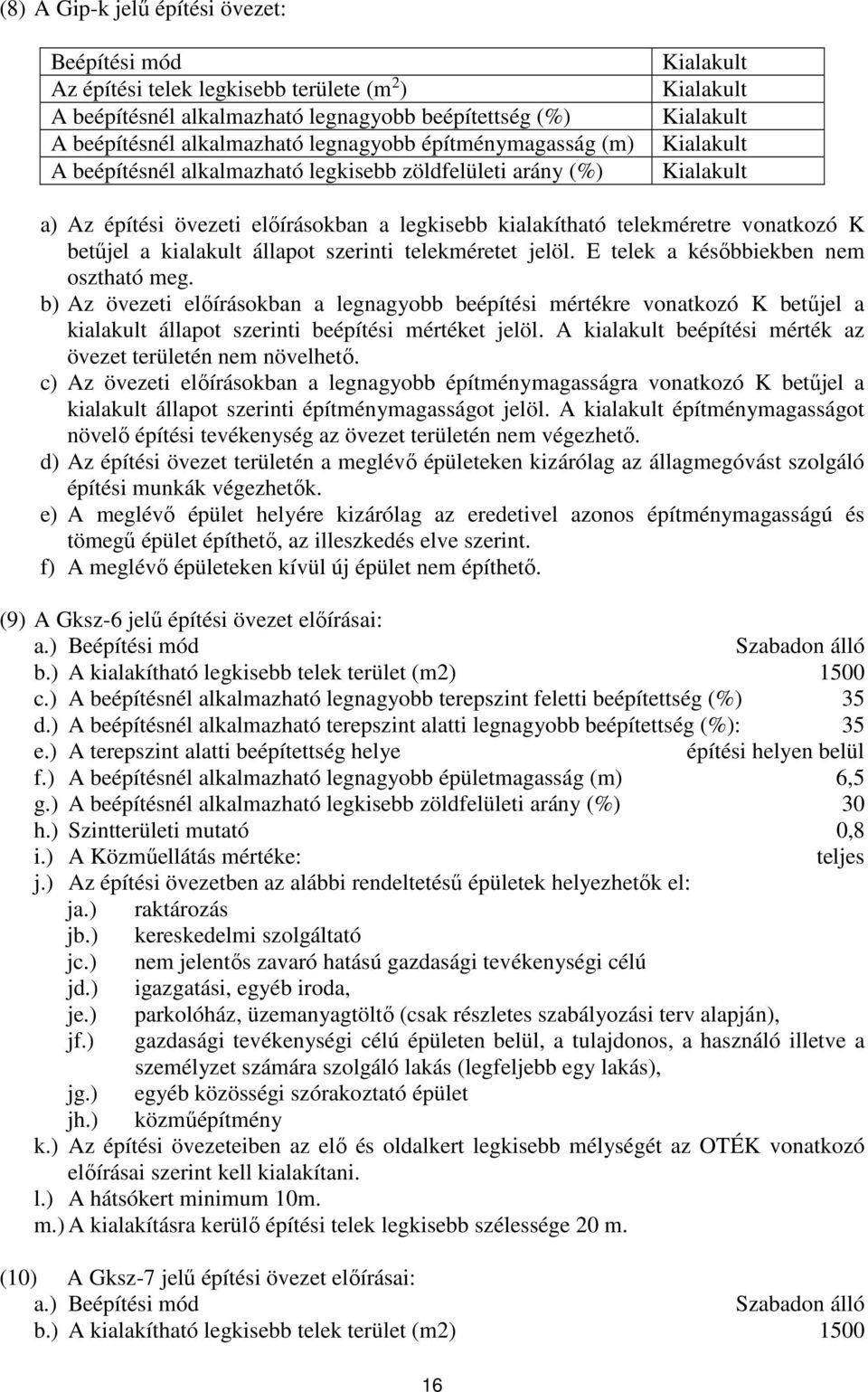 E telek a későbbiekben nem osztható meg. b) Az övezeti előírásokban a legnagyobb beépítési mértékre vonatkozó K betűjel a kialakult állapot szerinti beépítési mértéket jelöl.