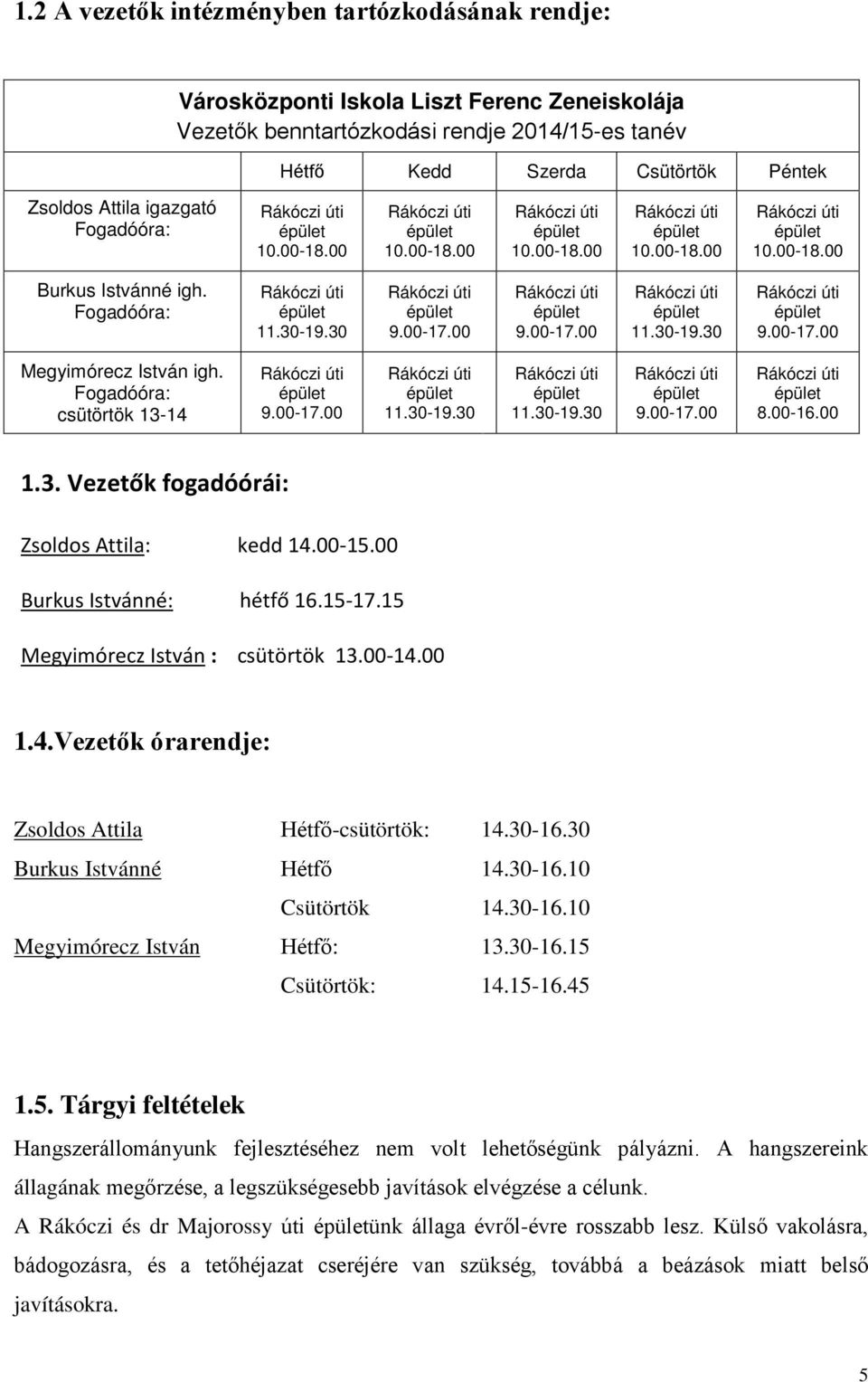 Fogadóóra: csütörtök 13-14 9.00-17.00 11.30-19.30 11.30-19.30 9.00-17.00 8.00-16.00 1.3. Vezetők fogadóórái: Zsoldos Attila: kedd 14.00-15.00 Burkus Istvánné: hétfő 16.15-17.