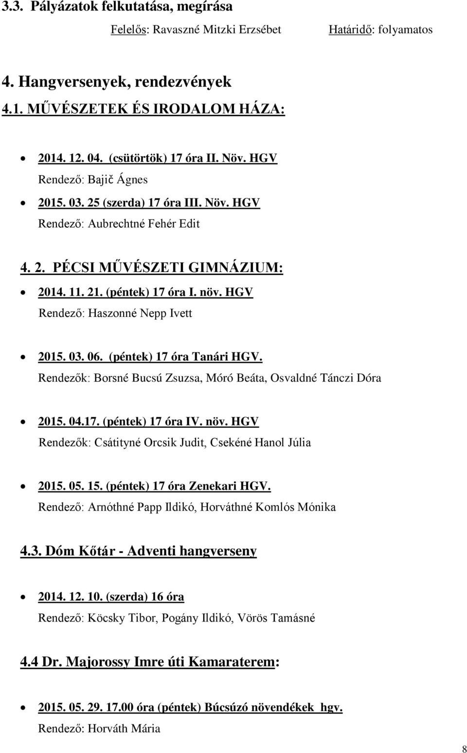 HGV Rendező: Haszonné Nepp Ivett 2015. 03. 06. (péntek) 17 óra Tanári HGV. Rendezők: Borsné Bucsú Zsuzsa, Móró Beáta, Osvaldné Tánczi Dóra 2015. 04.17. (péntek) 17 óra IV. növ.