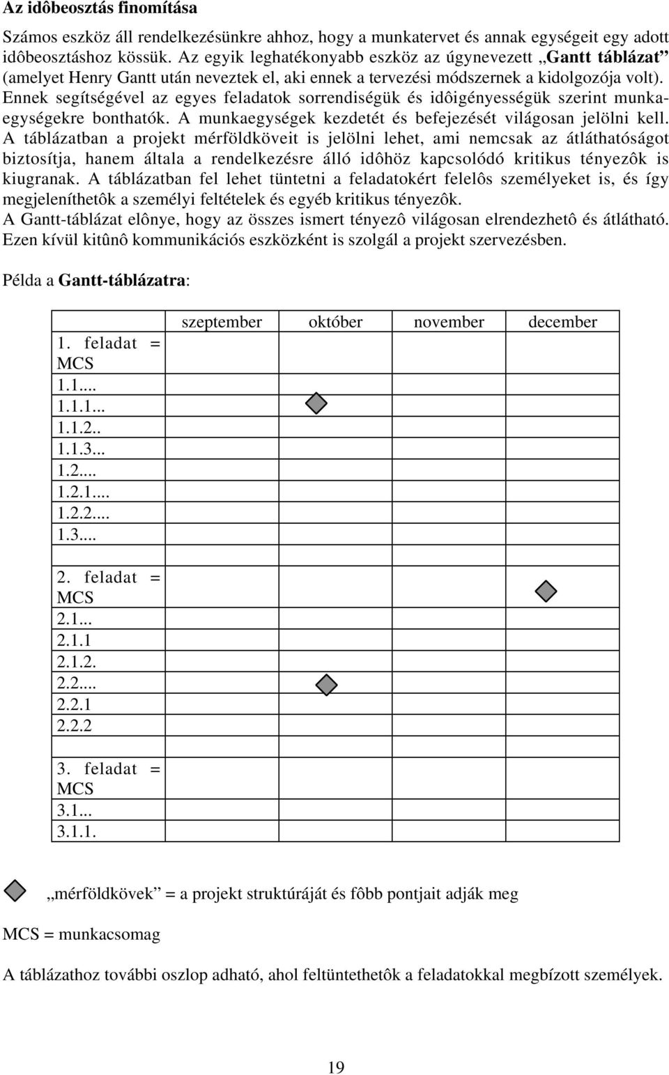 Ennek segítségével az egyes feladatok sorrendiségük és idôigényességük szerint munkaegységekre bonthatók. A munkaegységek kezdetét és befejezését világosan jelölni kell.