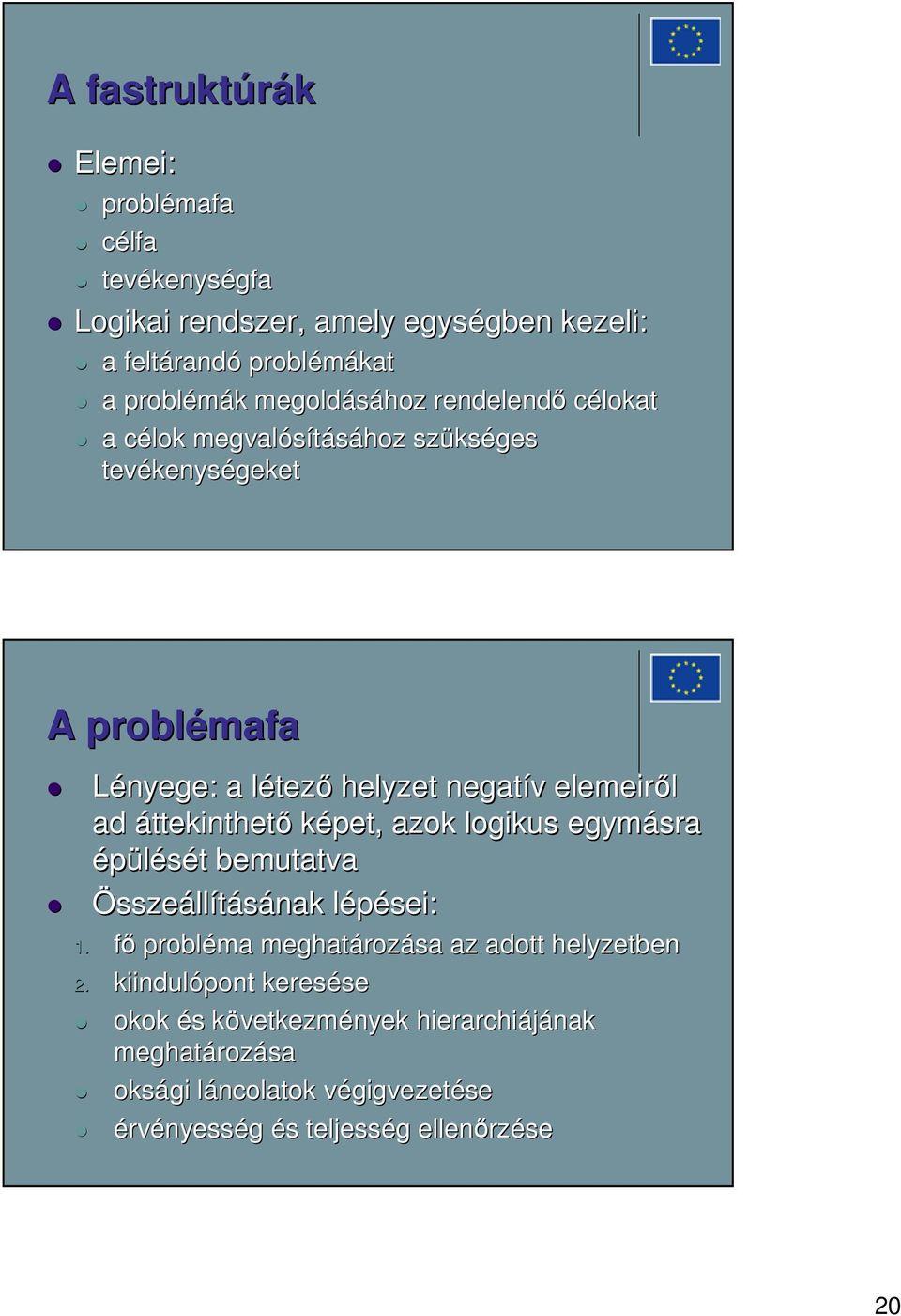 áttekinthető képet, azok logikus egymásra épülését t bemutatva Összeállításának lépései: l 1. fő probléma meghatároz rozása az adott helyzetben 2.