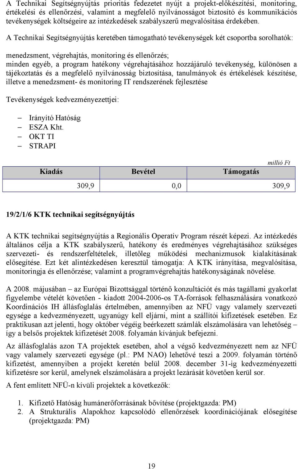 A Technikai Segítségnyújtás keretében támogatható tevékenységek két csoportba sorolhatók: menedzsment, végrehajtás, monitoring és ellenőrzés; minden egyéb, a program hatékony végrehajtásához