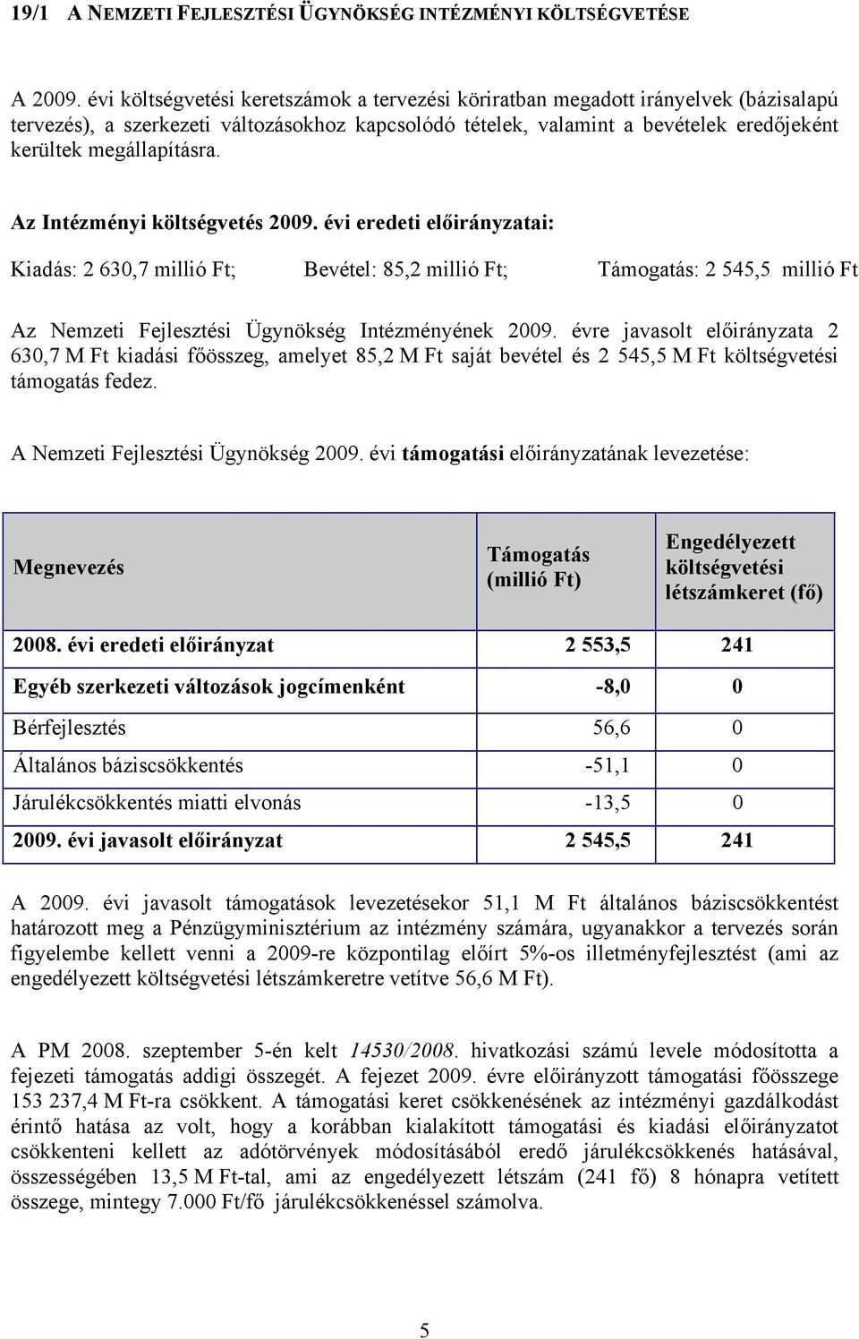 Az Intézményi költségvetés 2009. évi eredeti előirányzatai: Kiadás: 2 630,7 ; Bevétel: 85,2 ; Támogatás: 2 545,5 Az Nemzeti Fejlesztési Ügynökség Intézményének 2009.