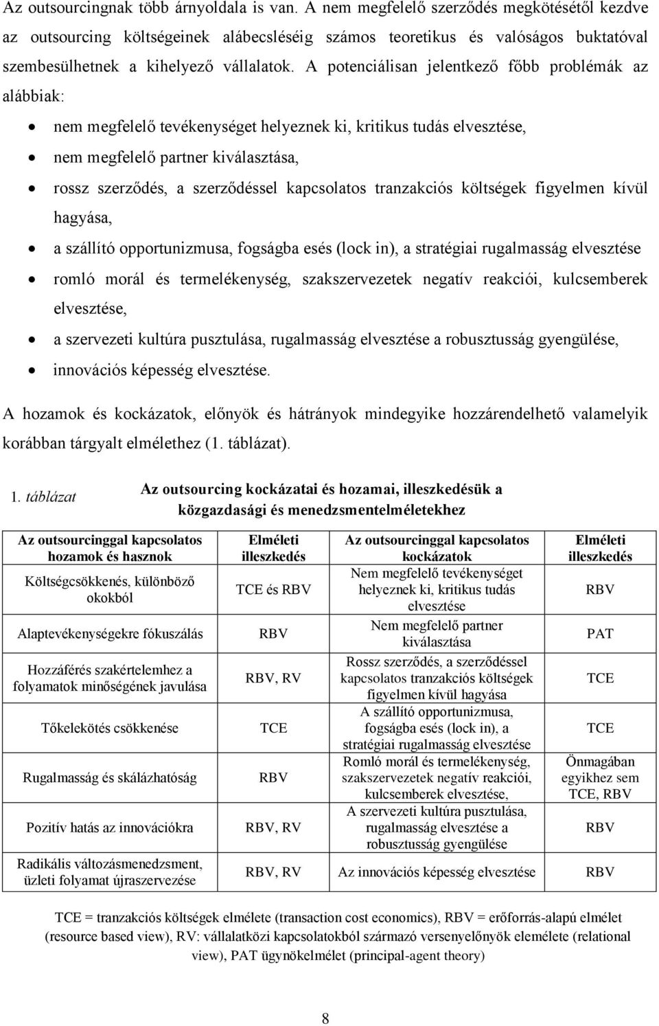 A potenciálisan jelentkező főbb problémák az alábbiak: nem megfelelő tevékenységet helyeznek ki, kritikus tudás elvesztése, nem megfelelő partner kiválasztása, rossz szerződés, a szerződéssel