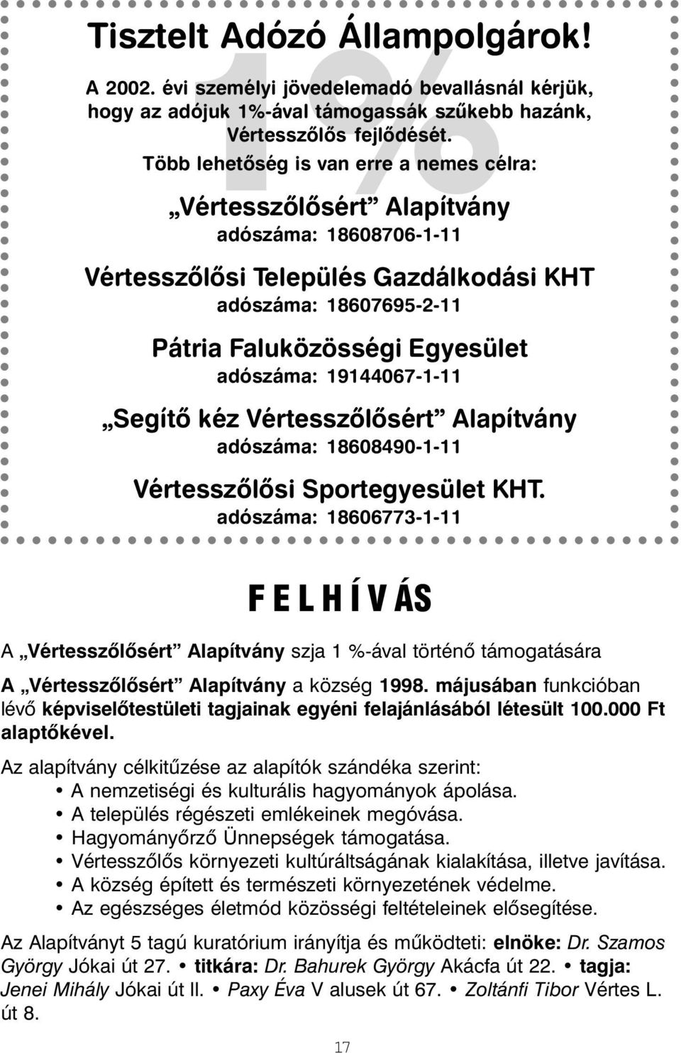 19144067-1-11 Segítõ kéz Vértesszõlõsért Alapítvány adószáma: 18608490-1-11 Vértesszõlõsi Sportegyesület KHT.