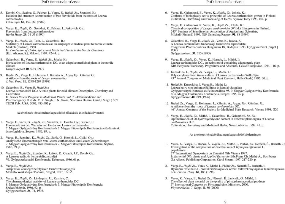 : Flavonoids from Leuzea carthamoides Herba Hung. 29, 51-55 (1990) 7. Varga, E., Hajdú, Zs., Tóth, L., Galambosi, B.