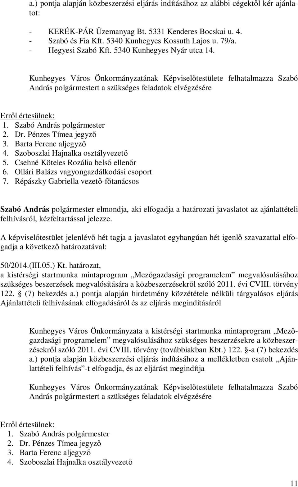 Szoboszlai Hajnalka osztályvezető 5. Csehné Köteles Rozália belső ellenőr 6. Ollári Balázs vagyongazdálkodási csoport 7.