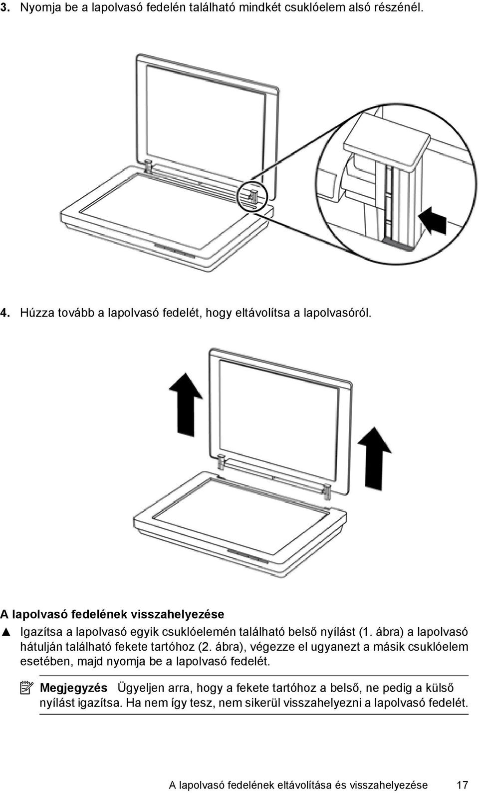 ábra) a lapolvasó hátulján található fekete tartóhoz (2. ábra), végezze el ugyanezt a másik csuklóelem esetében, majd nyomja be a lapolvasó fedelét.