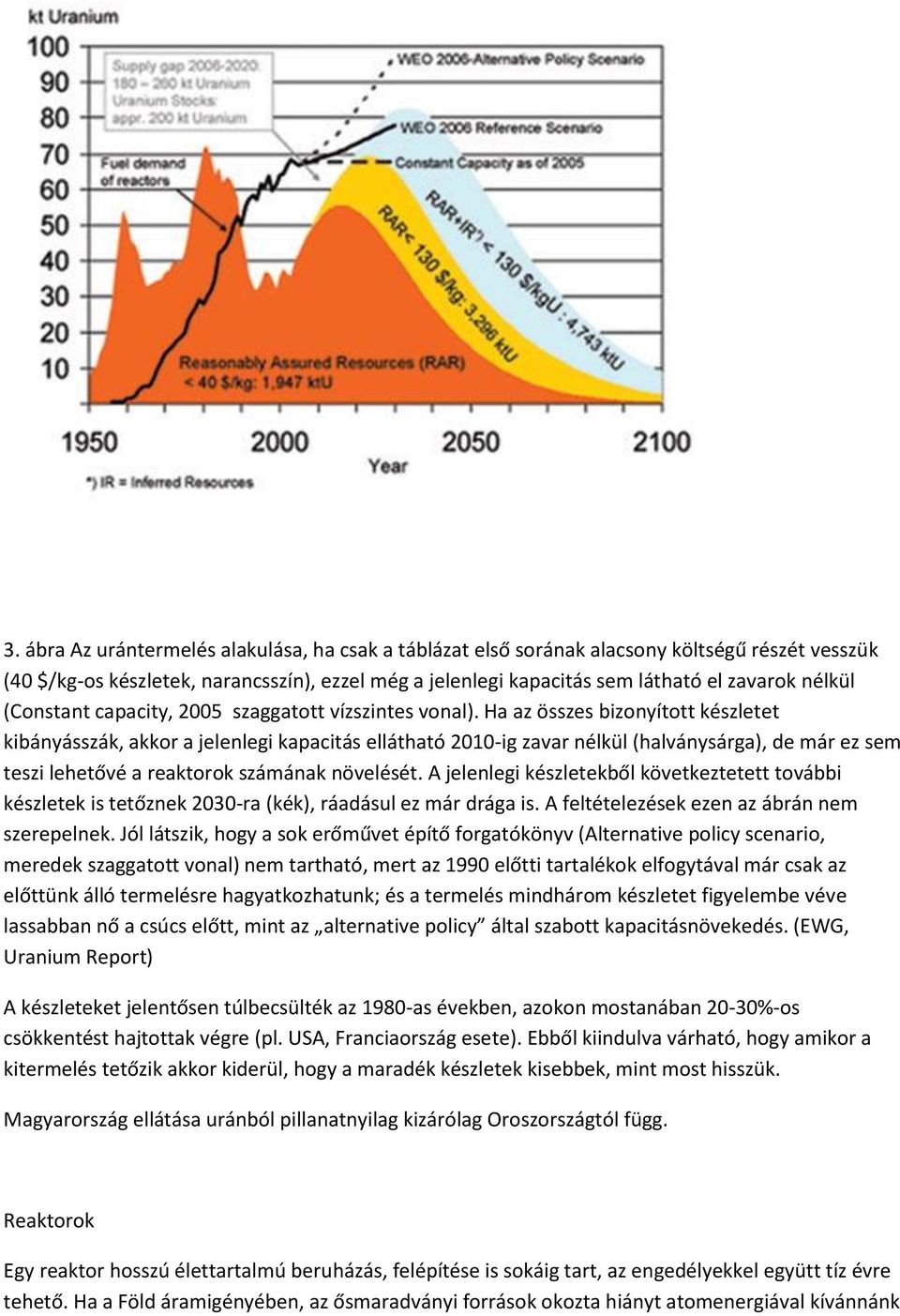 Ha az összes bizonyított készletet kibányásszák, akkor a jelenlegi kapacitás ellátható 2010-ig zavar nélkül (halványsárga), de már ez sem teszi lehetővé a reaktorok számának növelését.