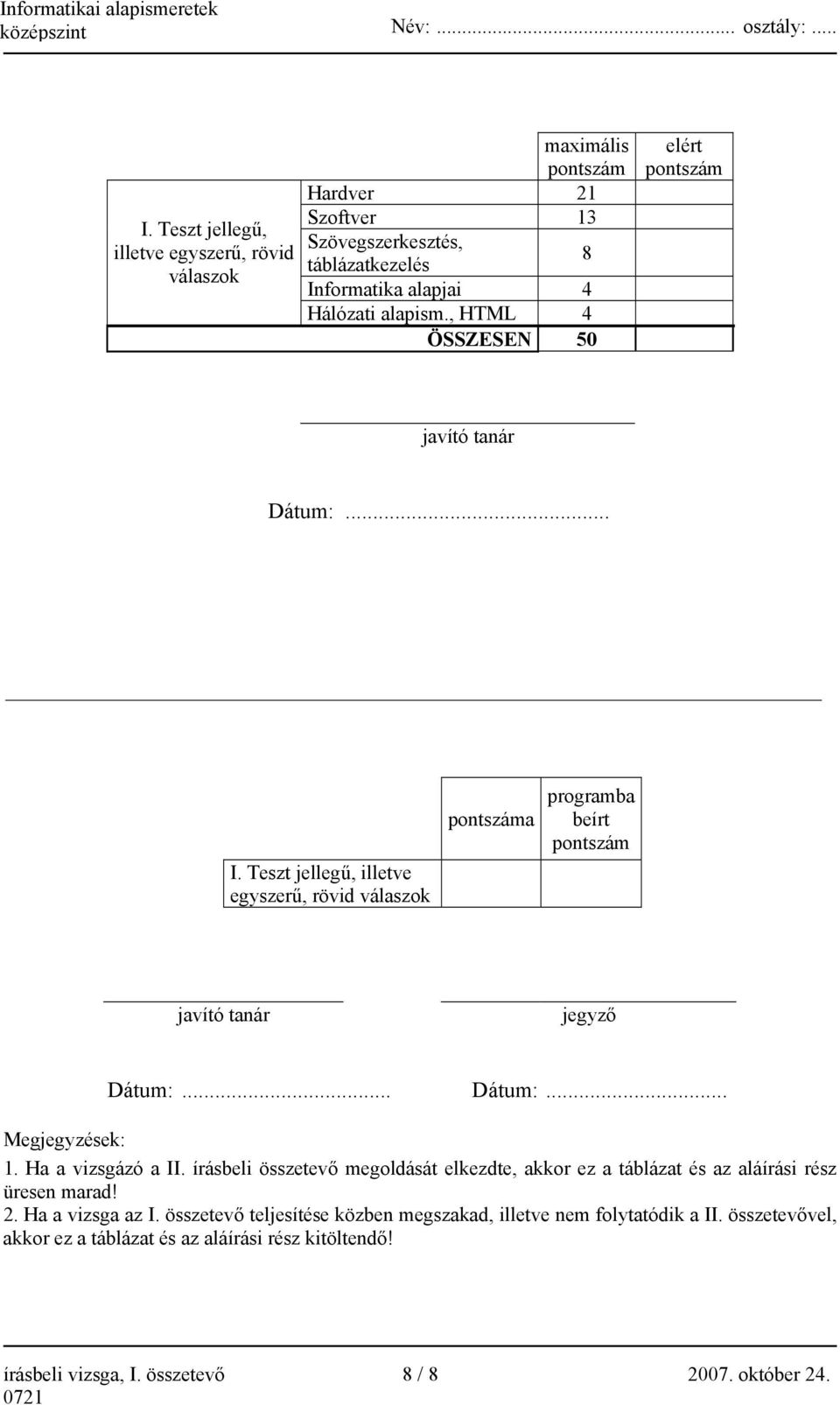 , HTML 4 ÖSSZESEN 50 elért pontszám javító tanár Dátum:... I. Teszt jellegű, illetve egyszerű, rövid válaszok pontszáma programba beírt pontszám javító tanár jegyző Dátum:.