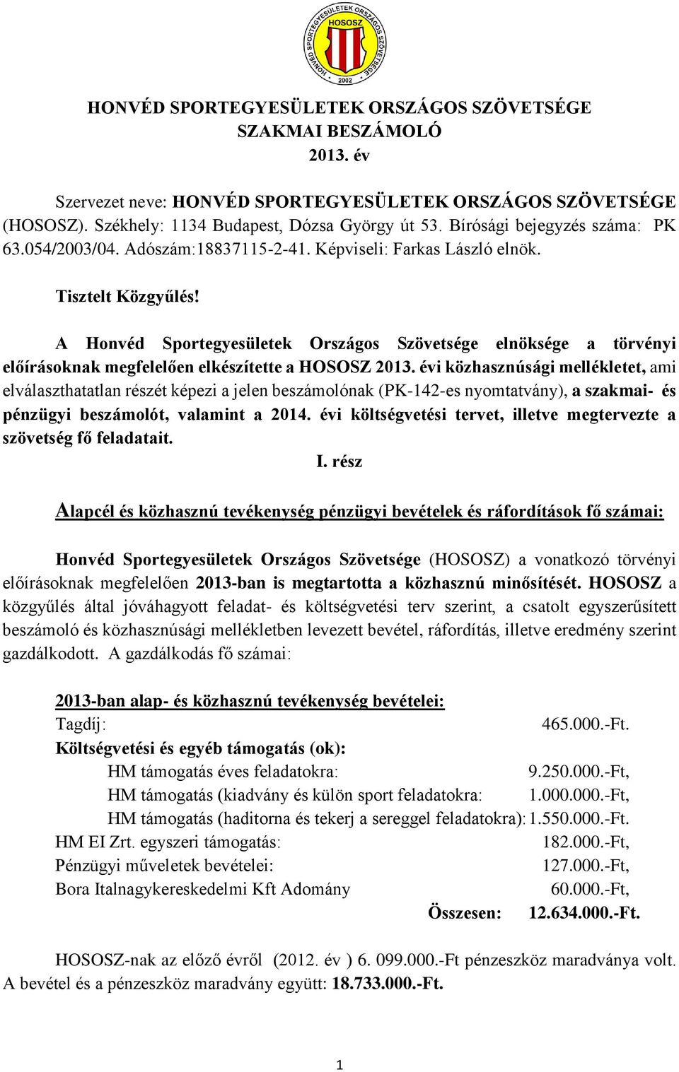 A Honvéd Sportegyesületek Országos Szövetsége elnöksége a törvényi előírásoknak megfelelően elkészítette a HOSOSZ 2013.