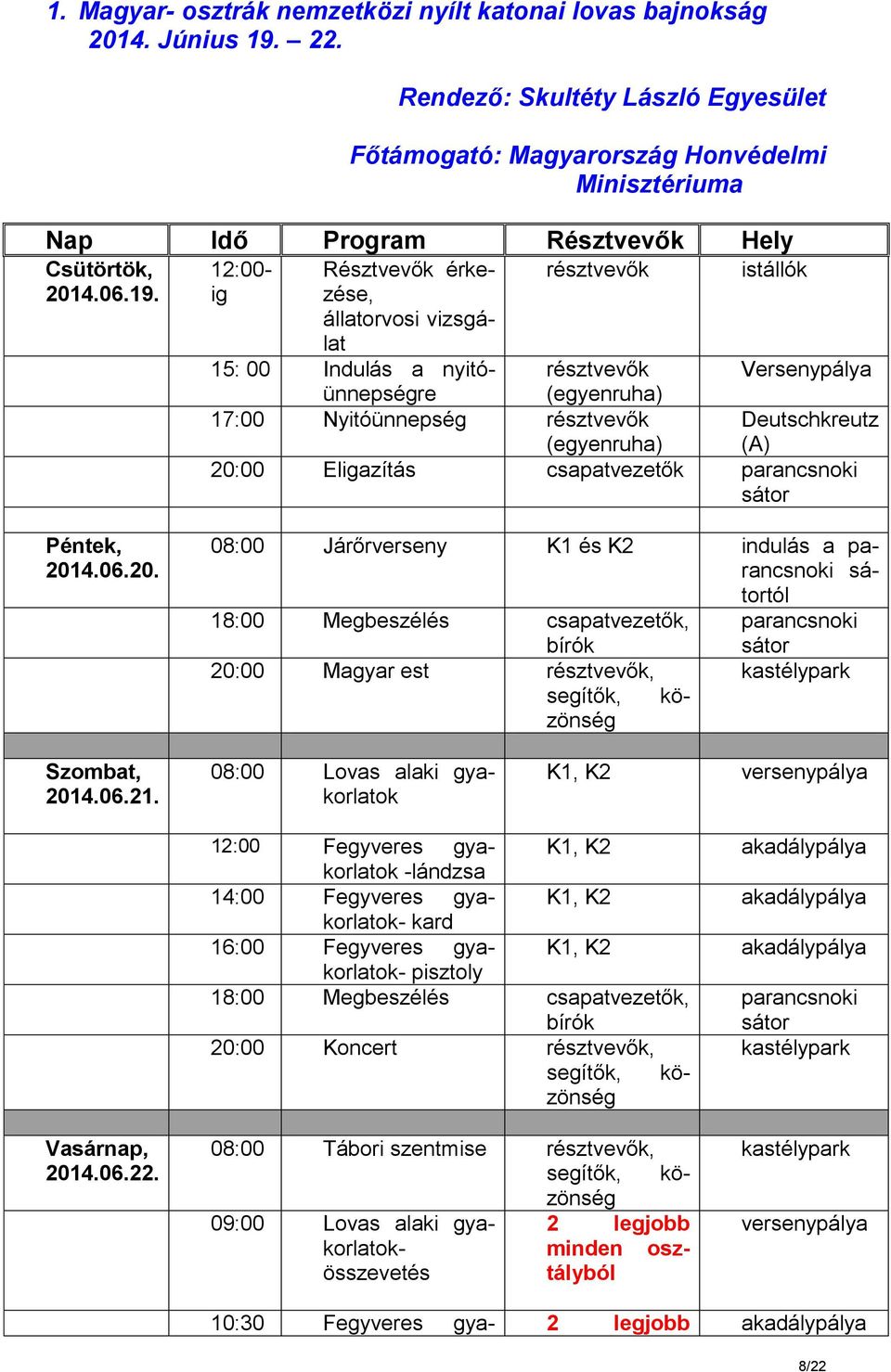 (A) 20:00 Eligazítás csapatvezetők parancsnoki sátor Péntek, 2014.06.20. 08:00 Járőrverseny K1 és K2 indulás a parancsnoki sátortól 18:00 Megbeszélés csapatvezetők, bírók parancsnoki sátor 20:00 Magyar est résztvevők, kastélypark segítők, közönség Szombat, 2014.