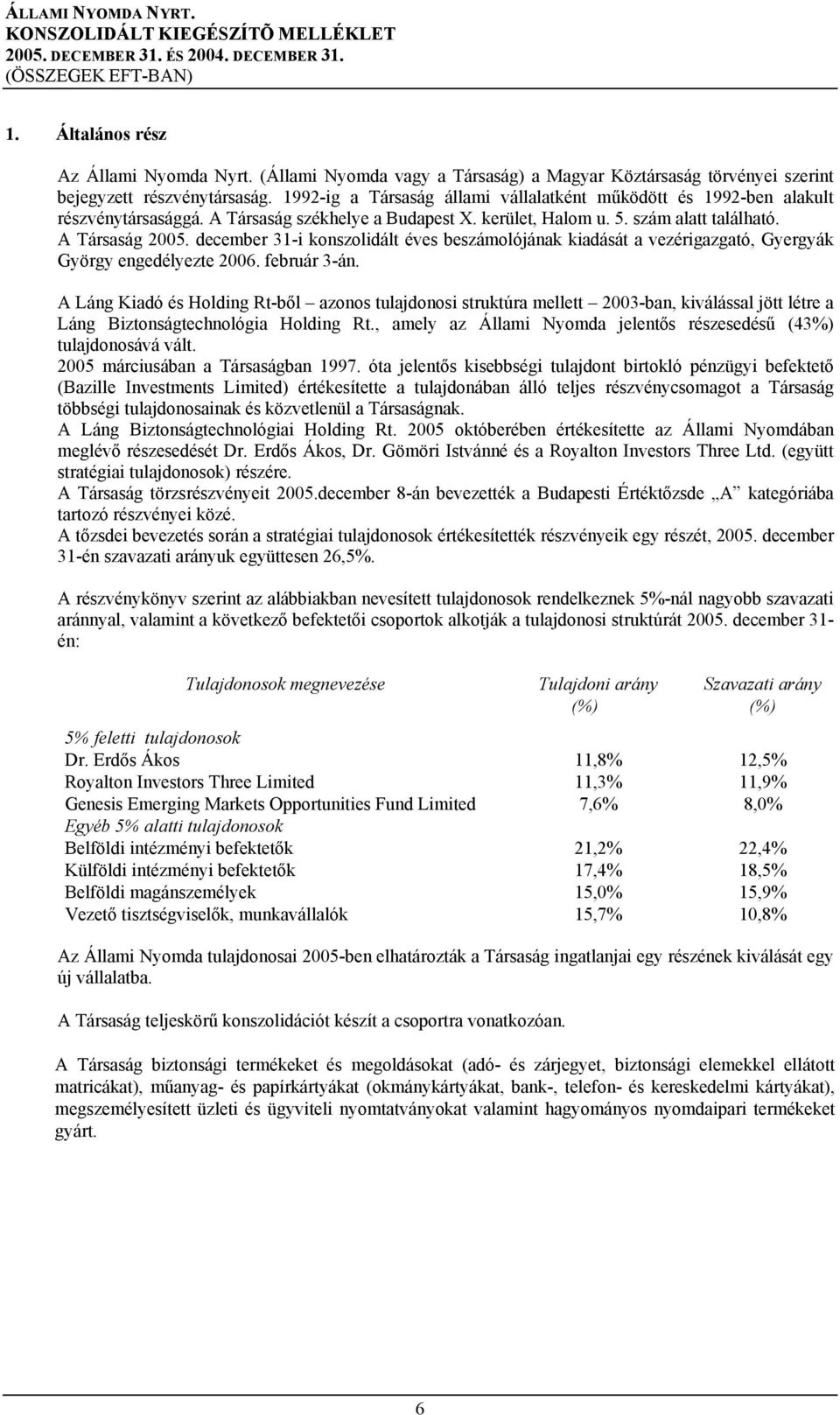 A Társaság december 31-i konszolidált éves beszámolójának kiadását a vezérigazgató, Gyergyák György engedélyezte 2006. február 3-án.