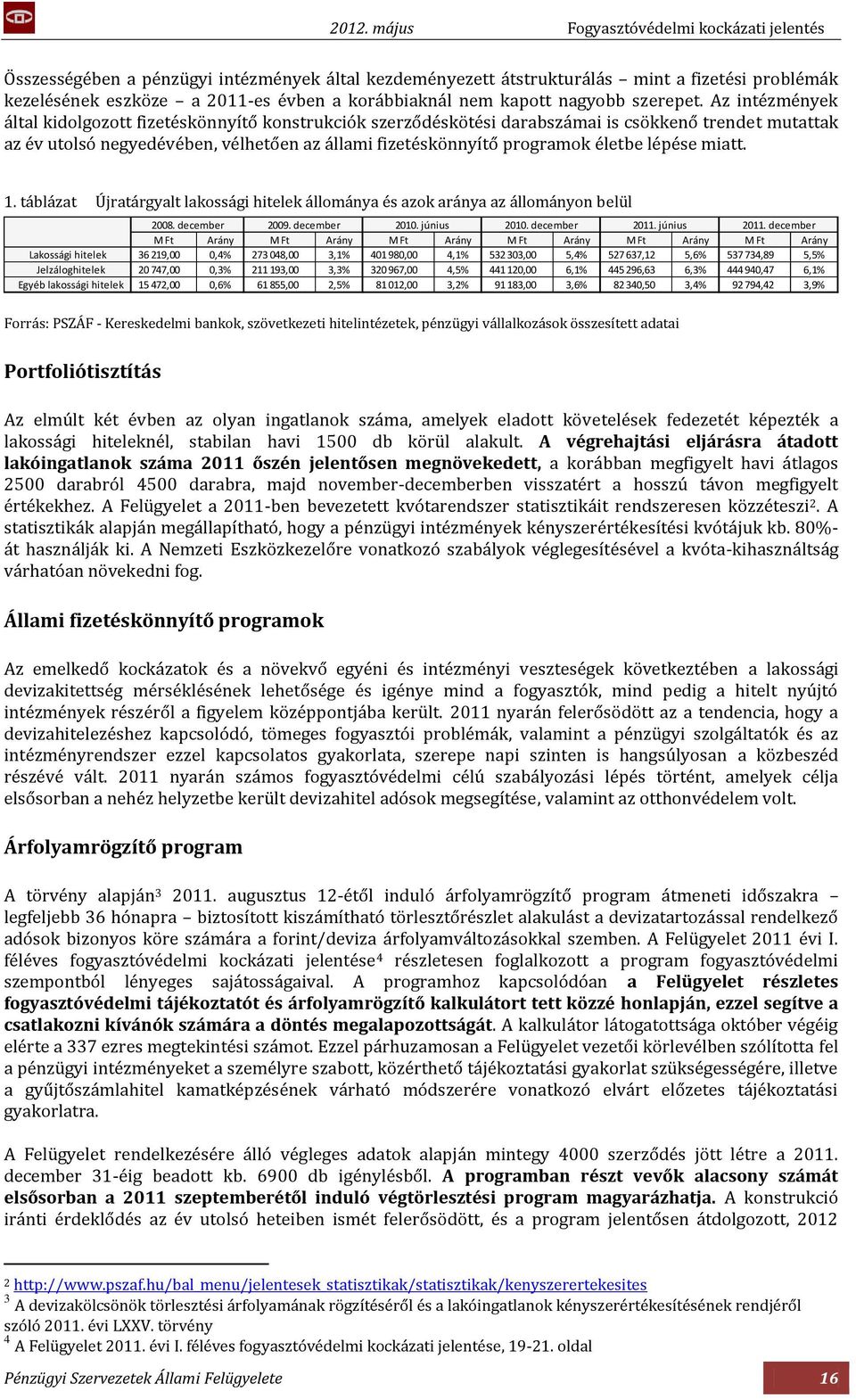 lépése miatt. 1. táblázat Újratárgyalt lakossági hitelek állománya és azok aránya az állományon belül 2008. december 2009. december 2010. június 2010. december 2011. június 2011.