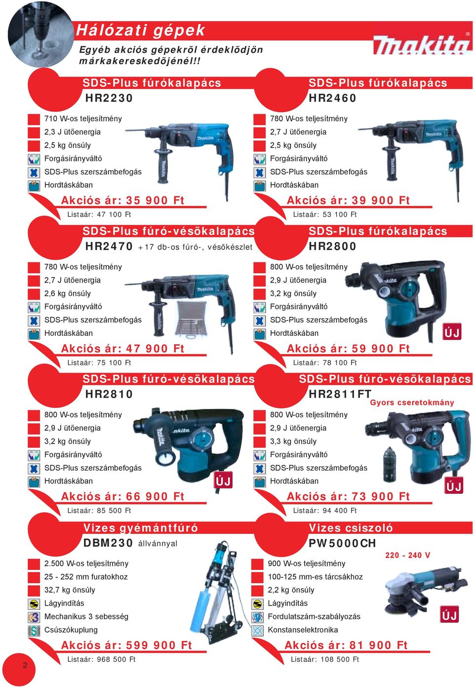Forgásirányváltó SDS-Plus szerszámbefogás HR2470 +17 db-os fúró-, vésõkészlet Akciós ár: 47 900 Ft Listaár: 75 100 Ft Akciós ár: 66 900 Ft Listaár: 85 500 Ft Vizes gyémántfúró DBM230 állvánnyal 2.