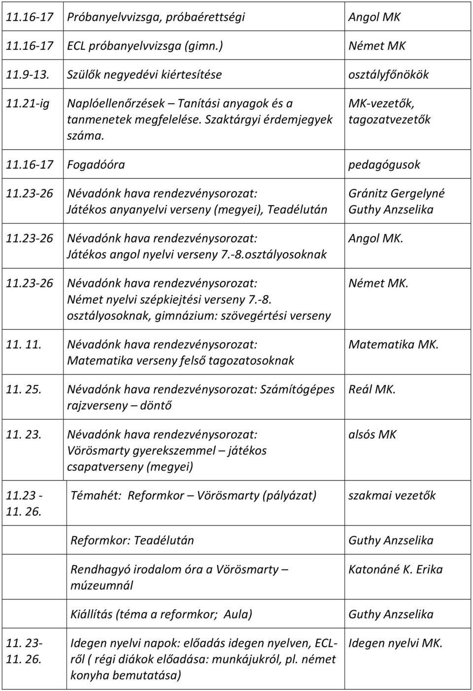 23-26 Névadónk hava rendezvénysorozat: Játékos anyanyelvi verseny (megyei), Teadélután 11.23-26 Névadónk hava rendezvénysorozat: Játékos angol nyelvi verseny 7.-8.osztályosoknak 11.