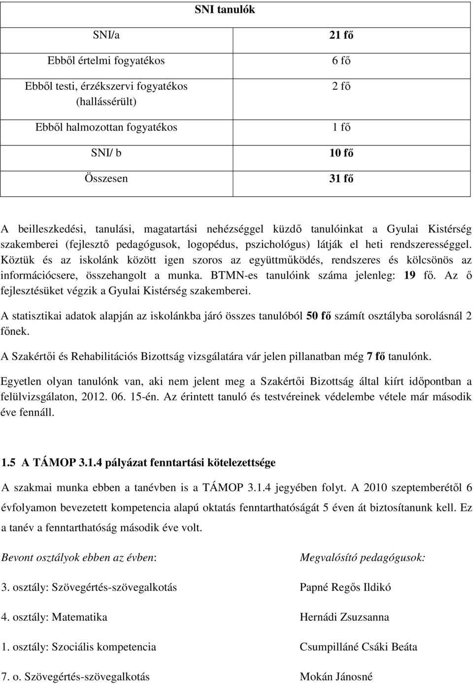 Köztük és az iskolánk között igen szoros az együttműködés, rendszeres és kölcsönös az információcsere, összehangolt a munka. BTMN-es tanulóink száma jelenleg: 19 fő.