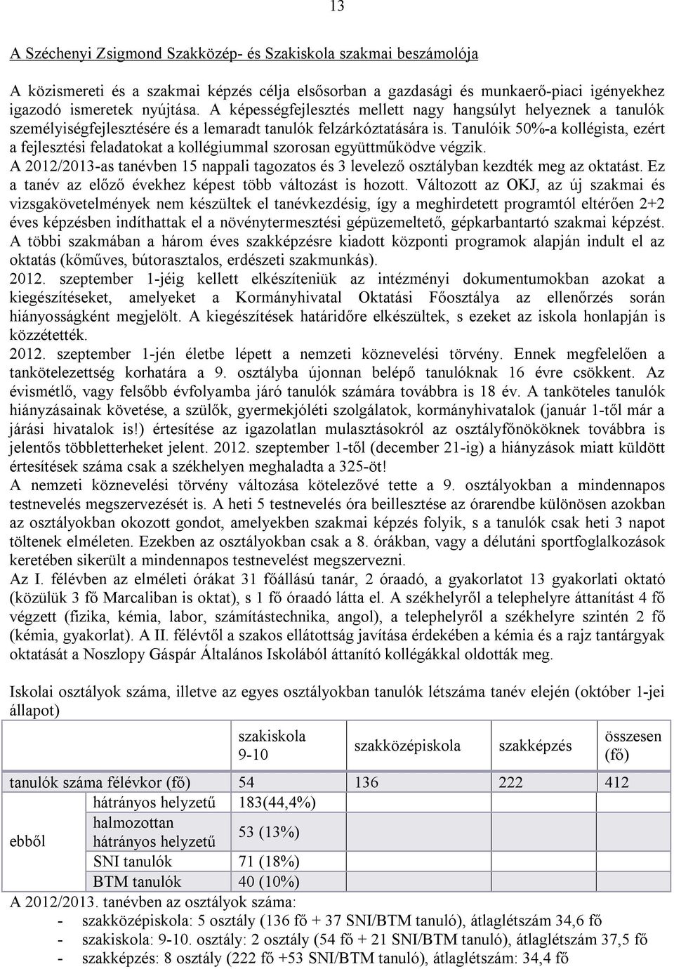 Tanulóik 50%-a kollégista, ezért a fejlesztési feladatokat a kollégiummal szorosan együttműködve végzik. A 2012/2013-as tanévben 15 nappali tagozatos és 3 levelező osztályban kezdték meg az oktatást.