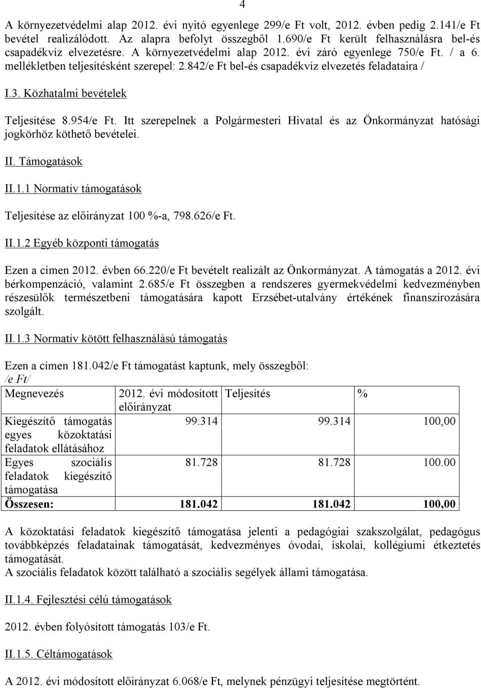 842/e Ft bel-és csapadékvíz elvezetés feladataira / I.3. Közhatalmi bevételek Teljesítése 8.954/e Ft. Itt szerepelnek a Polgármesteri Hivatal és az Önkormányzat hatósági jogkörhöz köthető bevételei.