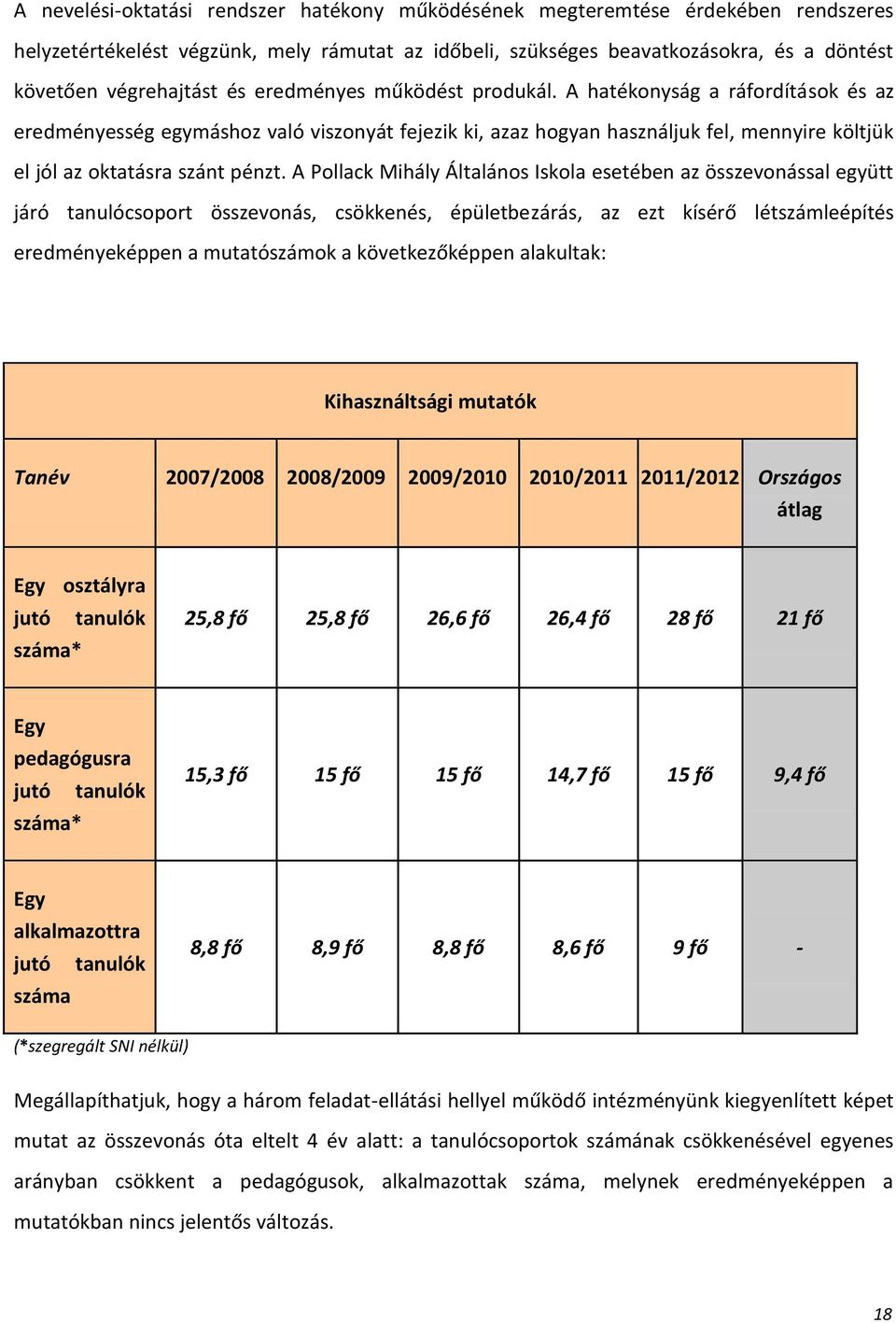 A Pollack Mihály Általános Iskola esetében az összevonással együtt járó tanulócsoport összevonás, csökkenés, épületbezárás, az ezt kísérő létszámleépítés eredményeképpen a mutatószámok a