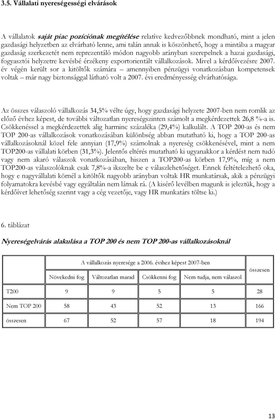 Mivel a kérdőívezésre 2007. év végén került sor a kitöltők számára amennyiben pénzügyi vonatkozásban kompetensek voltak már nagy biztonsággal látható volt a 2007. évi eredményesség elvárhatósága.