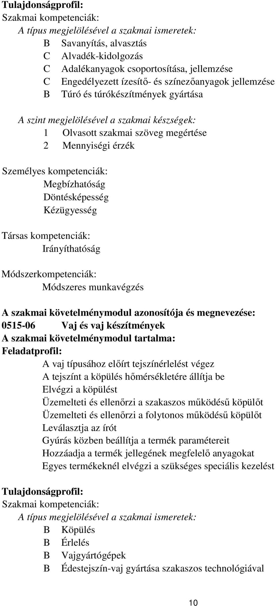 Döntésképesség Kézügyesség Társas kompetenciák: Irányíthatóság Módszerkompetenciák: Módszeres munkavégzés A szakmai követelménymodul azonosítója és megnevezése: 0515-06 Vaj és vaj készítmények A