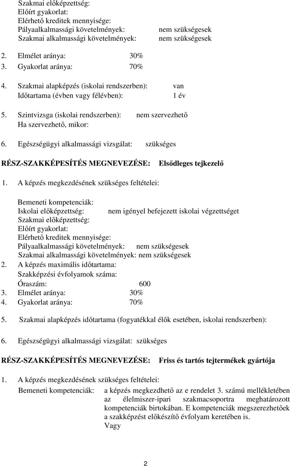 Egészségügyi alkalmassági vizsgálat: szükséges RÉSZ-SZAKKÉPESÍTÉS MEGNEVEZÉSE: Elsődleges tejkezelő 1.