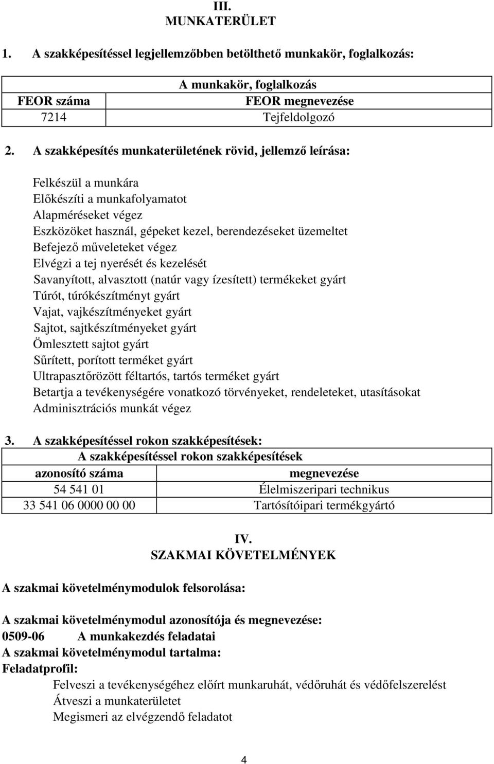 műveleteket végez Elvégzi a tej nyerését és kezelését Savanyított, alvasztott (natúr vagy ízesített) termékeket gyárt Túrót, túrókészítményt gyárt Vajat, vajkészítményeket gyárt Sajtot,