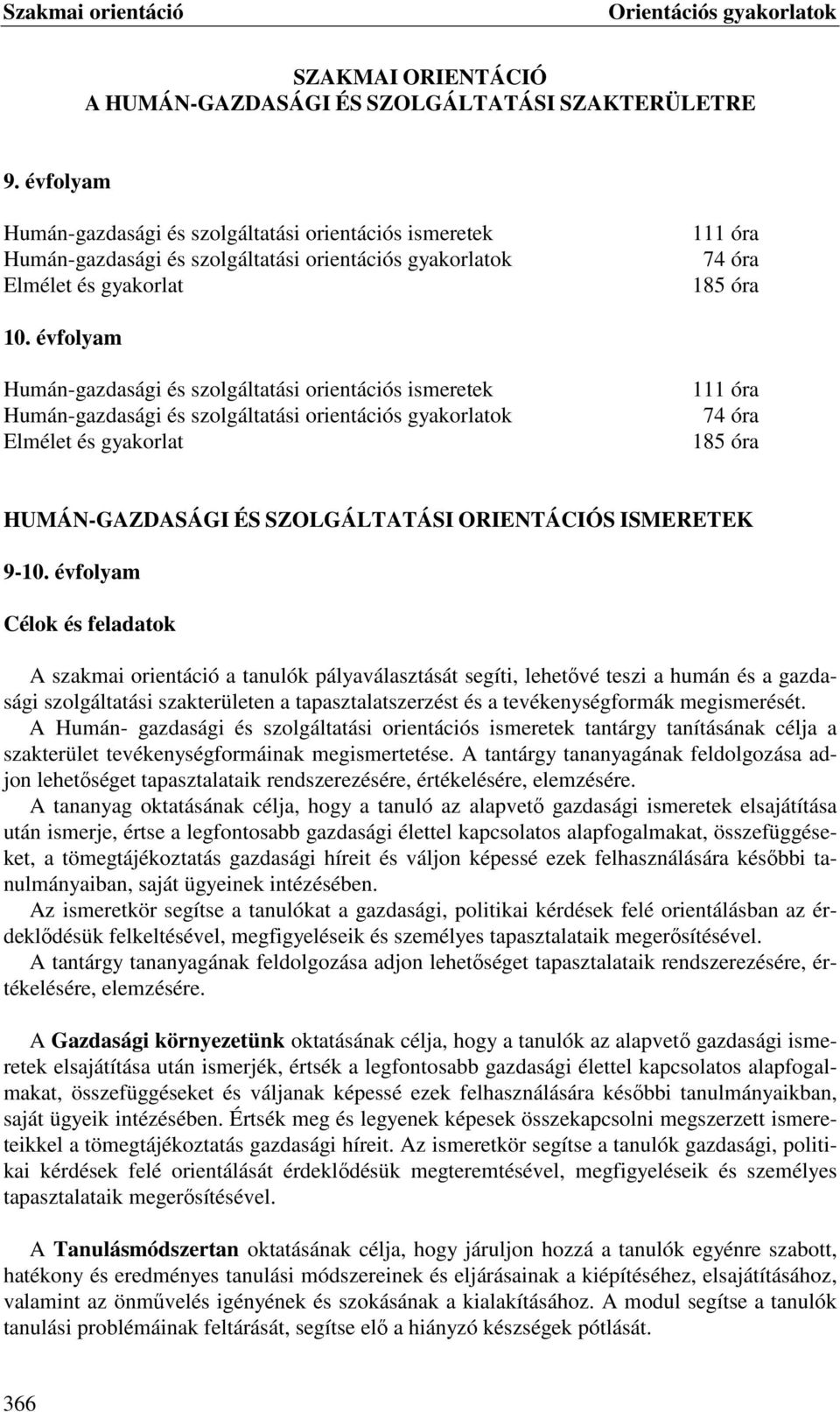 évfolyam Humán-gazdasági és szolgáltatási orientációs ismeretek Humán-gazdasági és szolgáltatási orientációs gyakorlatok Elmélet és gyakorlat 111 óra 74 óra 185 óra HUMÁN-GAZDASÁGI ÉS SZOLGÁLTATÁSI