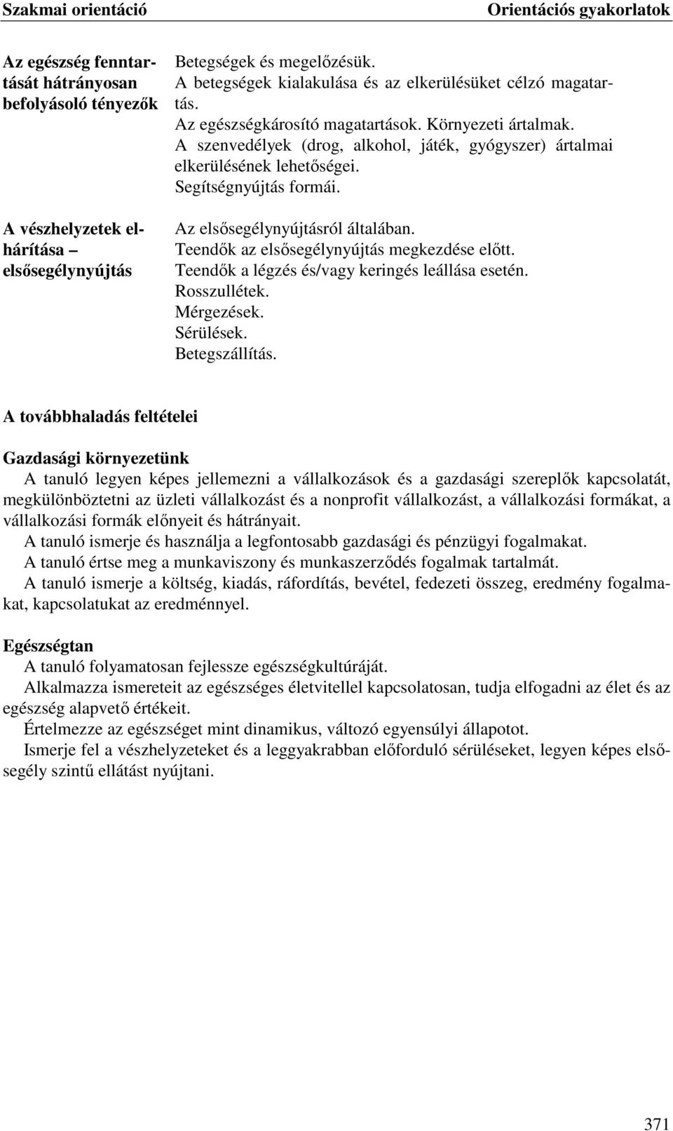 Teendők az elsősegélynyújtás megkezdése előtt. Teendők a légzés és/vagy keringés leállása esetén. Rosszullétek. Mérgezések. Sérülések. Betegszállítás.