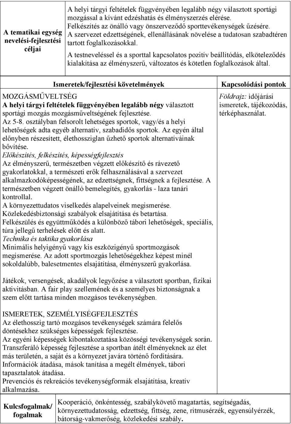 A testneveléssel és a sporttal kapcsolatos pozitív beállítódás, elköteleződés kialakítása az élményszerű, változatos és kötetlen foglalkozások által.