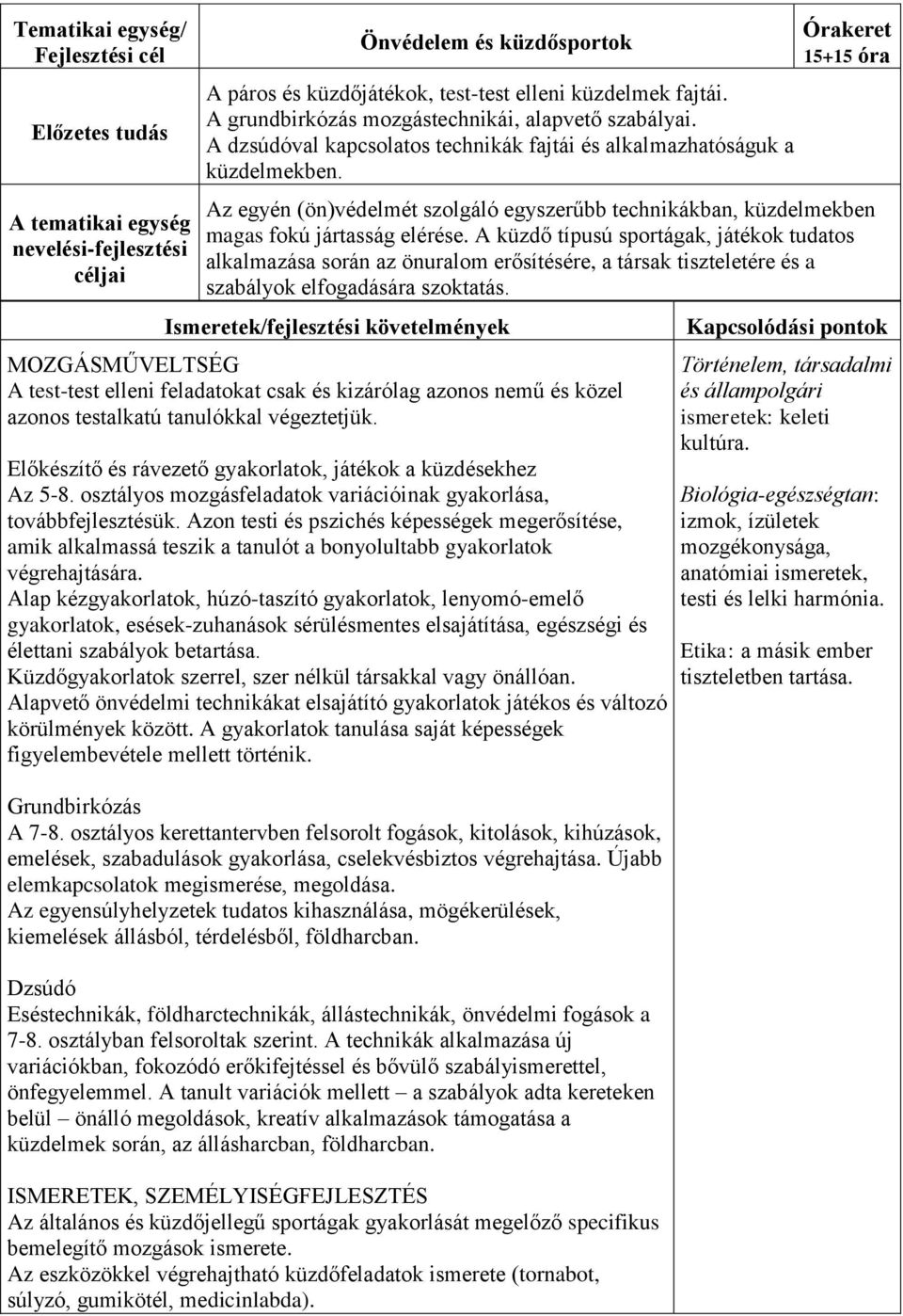 Órakeret 15+15 óra Az egyén (ön)védelmét szolgáló egyszerűbb technikákban, küzdelmekben magas fokú jártasság elérése.