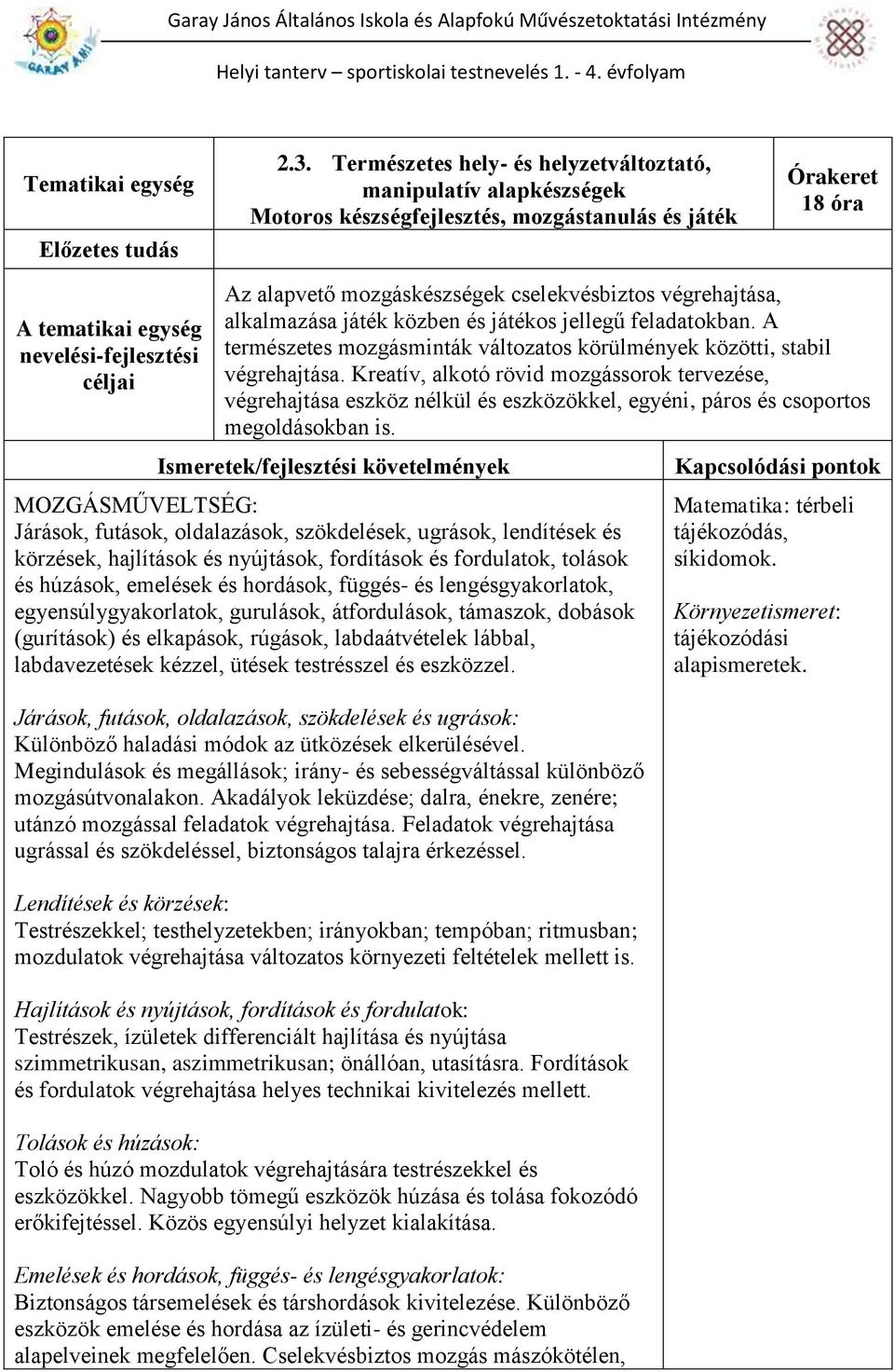 Kreatív, alkotó rövid mozgássorok tervezése, végrehajtása eszköz nélkül és eszközökkel, egyéni, páros és csoportos megoldásokban is.