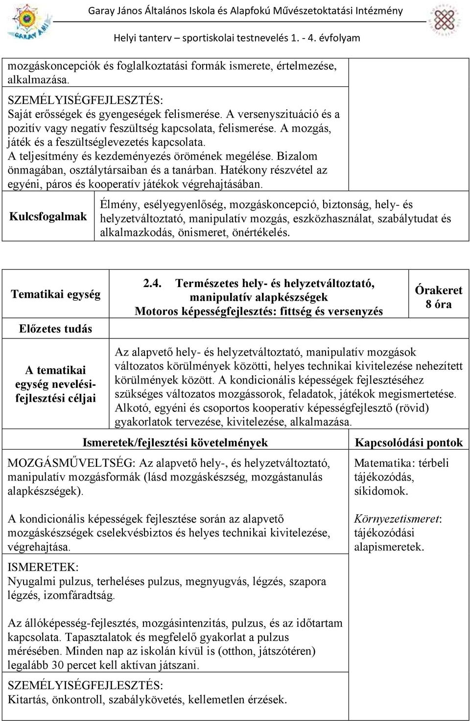 Bizalom önmagában, osztálytársaiban és a tanárban. Hatékony részvétel az egyéni, páros és kooperatív játékok végrehajtásában.