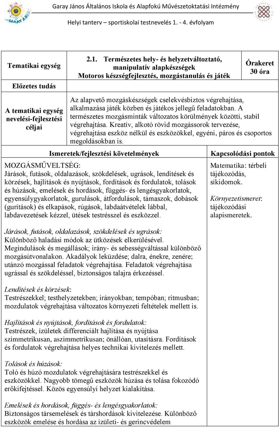 Kreatív, alkotó rövid mozgássorok tervezése, végrehajtása eszköz nélkül és eszközökkel, egyéni, páros és csoportos megoldásokban is.