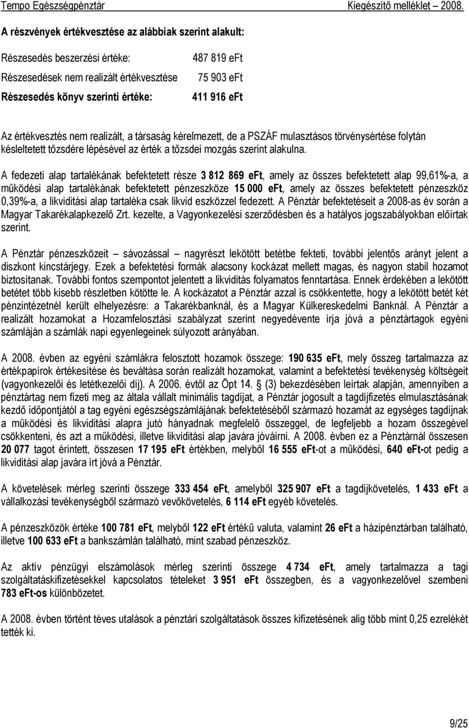 A fedezeti alap tartalékának befektetett része 3 812 869 eft, amely az összes befektetett alap 99,61%-a, a működési alap tartalékának befektetett pénzeszköze 15 000 eft, amely az összes befektetett